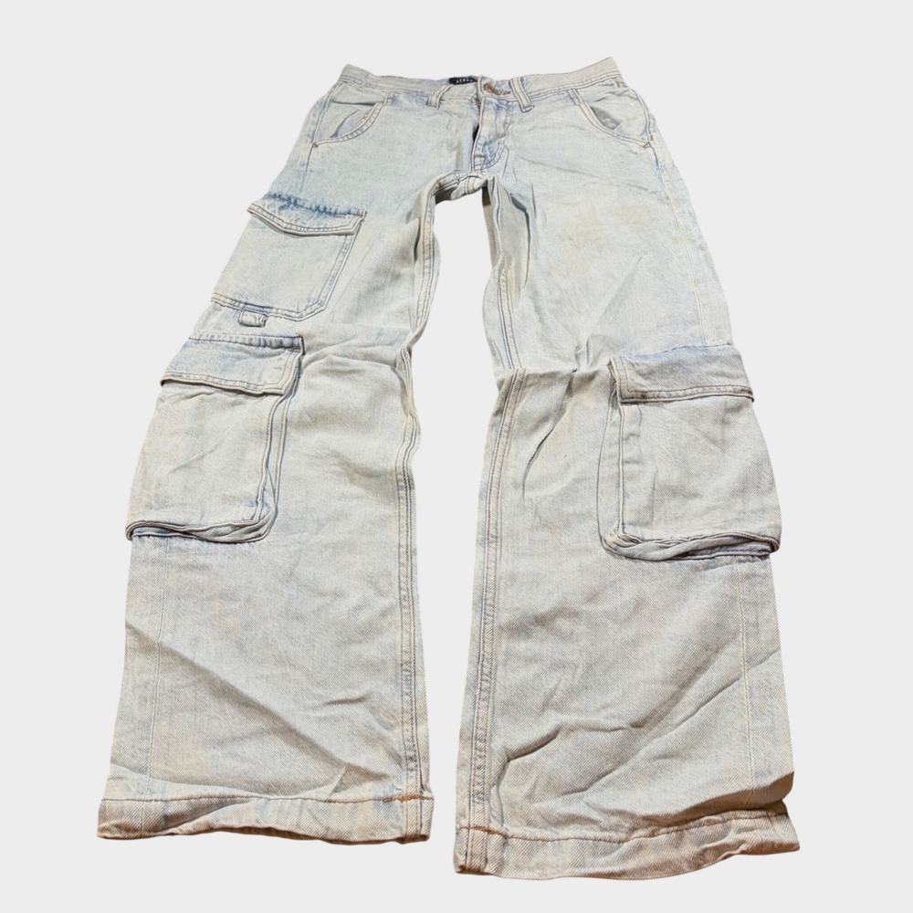 Y2K Style Aero Low Rise Cargo Jeans Light Wash Wide Leg Denim Pants 000 Reg